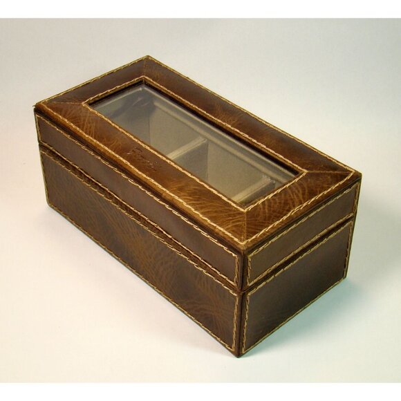 FOSSIL Men’s Brown Leather Valet Box Organizer for Jewelry Watches Keys Belts - Picture 9 of 10